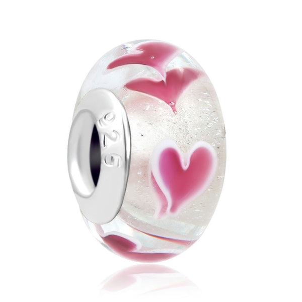 BERLOQUE CHARM "MURANO CORAÇÕES ROSA" - PRATA 925