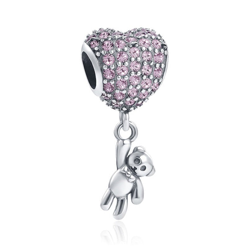 BERLOQUE CHARM PENDENTE "CORAÇÃO ROSA & URSO" - PRATA 925